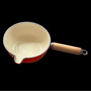 Vintage Le Creuset Wooden Handle Small Orange Pot Saucepan Spout